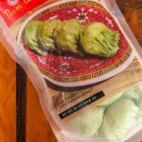 Frozen Edamame Dumplings · 1.5# bag. Mix of edamame, mushrooms, and Chinese chives in spinach wrappers, cooking instruc...