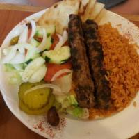 Kofta Kabob · Charcoal grilled seasoned ground beef with onion, hummus for dipping.