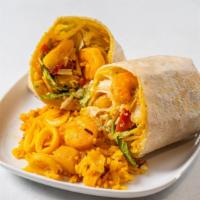 Shrimp Burrito · Lettuce, onions, peppers, mix cheese , saffron seasoned SHRIMP , EZ garlic sauce, PAELLA RIC...