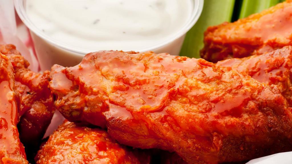 Chicken Wings · Six pieces with blue cheese. Hot mild BBQ, honey BBQ or teriyaki.
