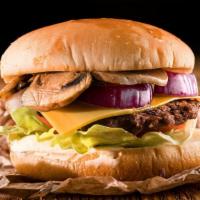 Mushroom Cheeseburger · Delicious Cheeseburger served on a potato bun with mushrooms, lettuce, tomato, pickles, and ...