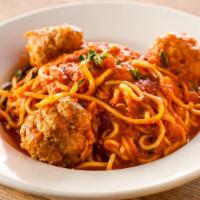 Spaghetti And Meatballs · HOMEMADE Spaghetti with three veal meatballs in tomato sauce.