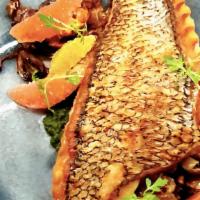 Black Sea Bass · Fava Bean, Spiced Carrot Broth and Peanut Romesco
