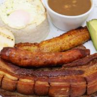 Bandeja Paisa · Colombian Platter with pork, grilled steak, chorizo and rice and beans