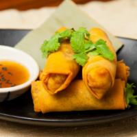 Taro Spring Rolls · Glass noodle, taro and minced vegetables served with plum sake sauce.