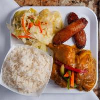 Curry Chicken · Meals are served with a side of steamed vegetables, fried plantains, a choice of plain rice ...