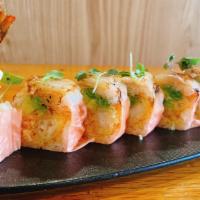 Mikata Roll · Shrimp tempura, avocado, lobster salad, topped with scallop, toast mayo, scallion wrapped wi...