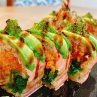 Green Lantern Roll · Shrimp tempura spicy tuna, eel & seaweed salad, topped with avocado, wasabi, tobiko, wrapped...
