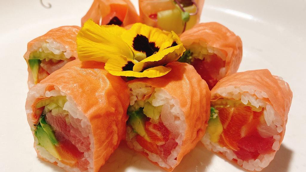 Crazy Roll · Spicy tuna, salmon, yellowtail, avocado, cucumber, wrapped with soybean paper