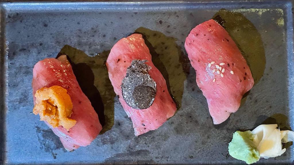 Assorted Beef Sushi X 3Pc · Wagyu sushi, Wagyu & Uni and Trout Caviar Wagyu Toro