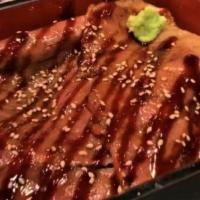 Uni Wagyu Ju · Seared, thinly sliced A5 wagyu sirloin marinated in BBQ sauce topped with fresh Uni, on the ...