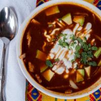 Tortilla Soup · Roasted tomato, Chile broth, diced avocado, Monterey jack cheese, sour cream and tortilla ch...