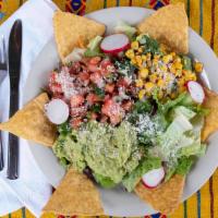 Mex-Taco Salad · Mixed greens, pico de gallo, guacamole and tortilla chips topped with fresh ground Mexican c...