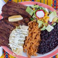 Steak Tampiqueno Platter · Served with Mexican rice, black beans, side salad and 1 green sauce cheese enchilada. Sour c...
