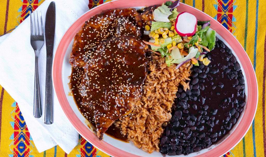 Chicken Mole Platter · Grilled Chicken breast dressed in mole sauce and sesame seeds served with Mexican rice, black beans, side salad. With sour cream and flaming salsa on the side.