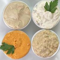 Dip Sampler · a sampler of our signature dips, served with two pita bread (E,G)