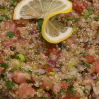 Quinoa Tabbouleh Salad. · Quinoa, Cucumber, Tomatoes, Parsley ,Green Onion, Fresh mint, with Lemon & Olive oil dressin...