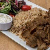 Beef & Lamb Gyro Platter (Halal) · beef & lamb gyro slow roasted on a vertical broiler served with pita bread, house salad, tza...