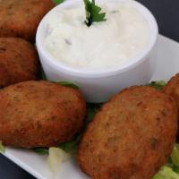 Falafel · 5 chickpea patties served with our tzatziki dip (D,E,V)