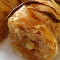 Chocolate Finger Rolls · Rolled phyllo pastry, Drizzled with Chocolate and soaked in honey syrup (V)