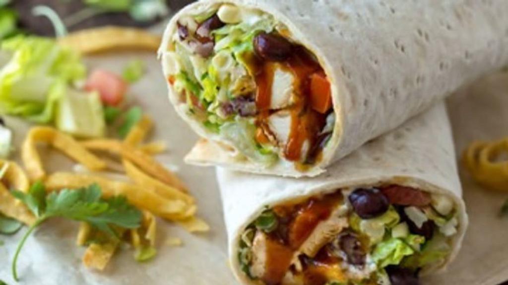 Bbq Chicken Wrap · Grilled Chicken, Mixed Greens, Black Beans, Corn, Red Onions, Shredded Cheese, BBQ Sauce, Flour Wrap