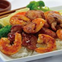 Chicken & Shrimp · Served with mixed vegetables and steamed rice.