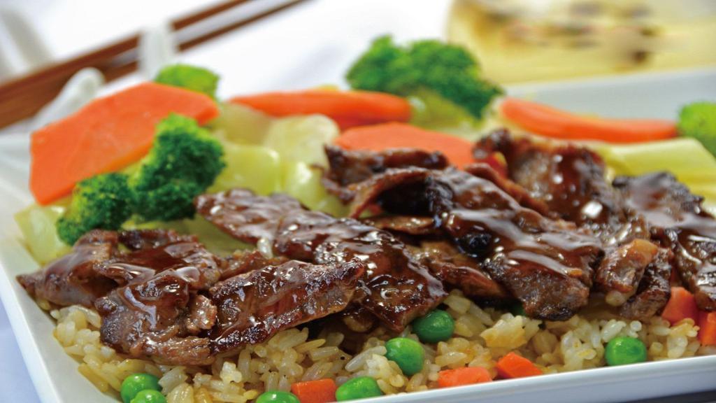 Beef Teriyaki · Served with mixed vegetables and steamed rice.