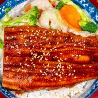 Eel Teriyaki · Served with mixed vegetables and steamed rice.