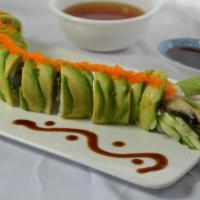 Green Dragon Roll · Cucumber, BBQ eel, rice, seaweed and topped with avocado, masago and unagi sauce.