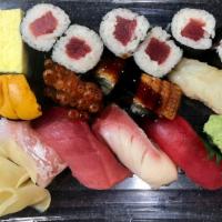 Matsu Sushi Set 松 · Ahi, hamachi, salmon, chutoro, uni, amaebi, shiromi, ikura, unagi, tekkamaki.