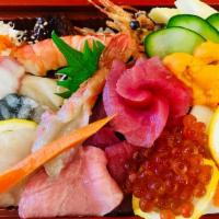 Omakase Chirashi(Chef Choice) · Chef choices of various fish, uni, ikura, shrimps over the sushi rice. 