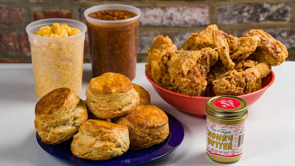 Fried Chicken Family Pack · 1 Bucket of fried chicken, 2 quarts of sides, 6 biscuits. . We are not able to accommodate specific chicken requests for buckets. We apologize for the inconvenience!