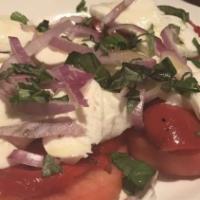 Fresh Mozzarella Salad · Beefsteak tomato, fresh bocconcini mozzarella, Roasted Red Peppers, Red onion and fresh basi...