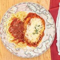 Chicken Parmigiana · Breaded and baked with marinara sauce and Mozzarella cheese served with a side of angel hair...