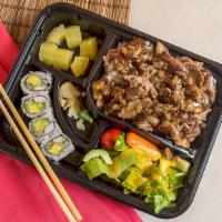 Bento Chicken Teriyaki · Served with 4 pcs of california roll garden salad rice and fruit (edamame required). consumi...