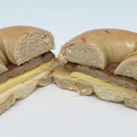 Bagel With Egg & Sausage · Toasted Bagel with Sausage Patty, Egg Patty & Swiss Cheese.