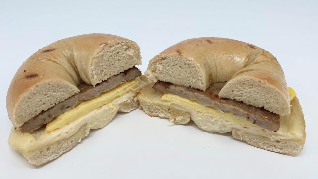 Bagel With Egg & Sausage · Toasted Bagel with Sausage Patty, Egg Patty & Swiss Cheese.