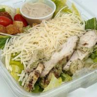 Herb Grilled Chicken Caesar Salad · Herb Grilled Chicken, Shredded Parmesan, Grape Tomatoes, Croutons over Romaine Lettuce with ...