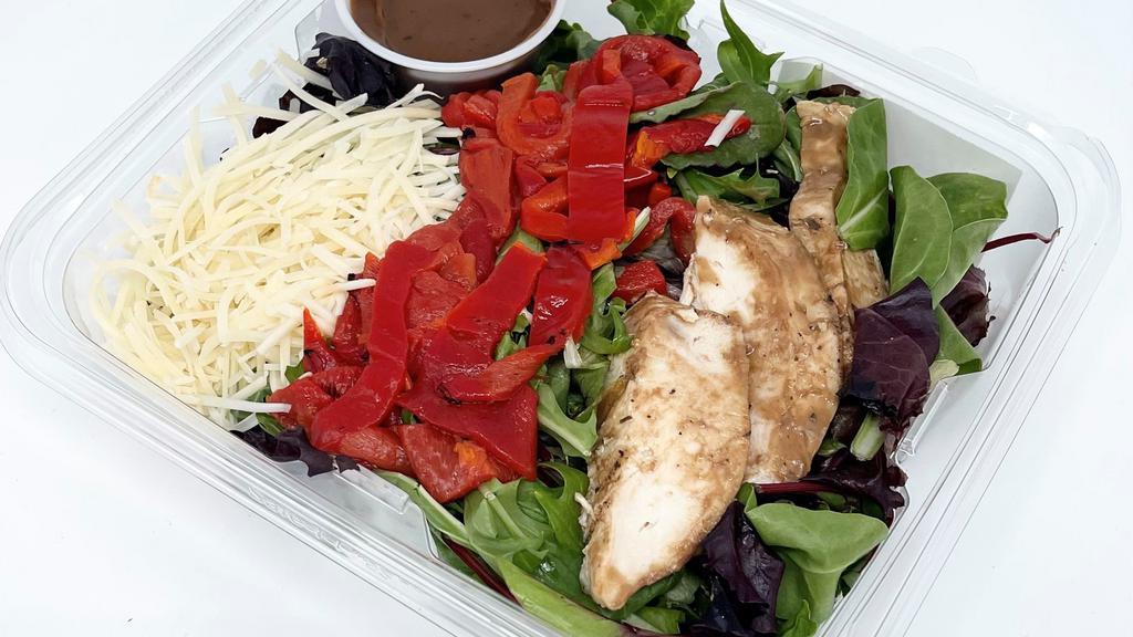 Balsamic Grilled Chicken Salad · Grilled balsamic chicken, shaved parmesan cheese, roasted red peppers and balsamic vinaigrette over Mixed Field Greens.