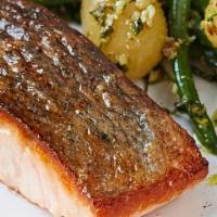 Pan Seared Atlantic Salmon · Three seasonal vegetables, quinoa, lemon sauce.
