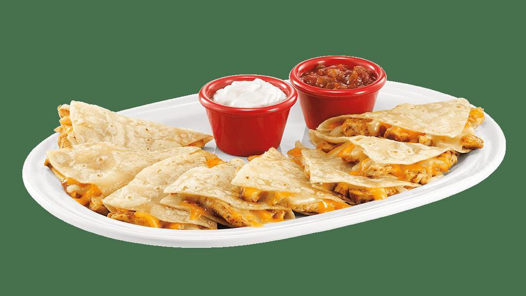 Chicken Quesadilla · Grilled fajita chicken, Monterey Jack and Cheddar cheeses between two warm tortillas served with salsa and sour cream.