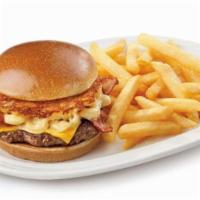 Bacon Mac N' Cheese Burger · Friendly’s Big Beef® Burger topped with melted American cheese, our cheesy mac & cheese and ...