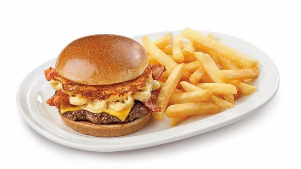 Bacon Mac N' Cheese Burger · Friendly’s Big Beef® Burger topped with melted American cheese, our cheesy mac & cheese and crispy applewood-smoked bacon all on a grilled Brioche roll and served with. golden fries.