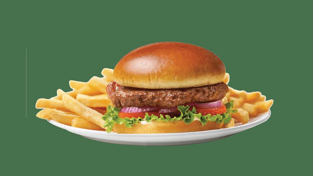 All American Burger · Reach for a classic Friendly’s Big Beef® burger with fresh tomato, crisp lettuce, onion and mayo on a Brioche bun.  Served with golden fries.
