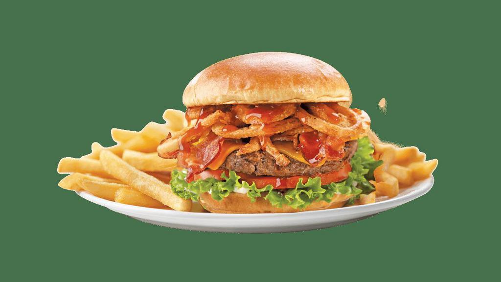 Honey Bbq Burger · Sweet, sweet bliss when you bite into Friendly’s Big Beef® burger topped with our signature honey BBQ sauce, melted Cheddar cheese, crispy fried onion strings, applewood-smoked bacon, lettuce, tomato and Ranch dressing on a soft Brioche bun.  Served with golden fries.