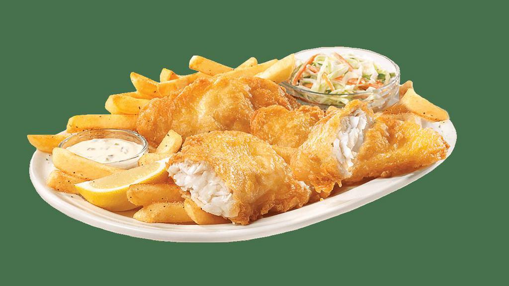 New England Fish ‘N’ Chips · Savory, golden brown, tavern-battered cod fillets served with golden fries, coleslaw and tartar sauce.