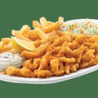 Clam Strips Platter · Sizzling clam strips are served with tartar sauce, golden fries, lemon and coleslaw.