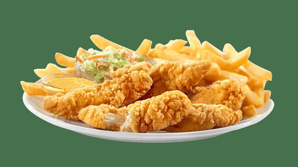 Country Chicken Tenders · Five country-breaded, juicy, all-white chicken tenders, served with coleslaw and golden fries. Served with choice of Honey Mustard, Honey BBQ, BBQ, or Kickin' Buffalo™.