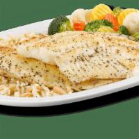 Lemon Pepper Fish Dinner · Seasoned grilled white fish dinner served with. flavorful rice and mixed veggies.
