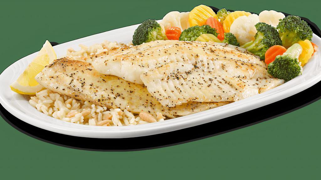 Lemon Pepper Fish Dinner · Seasoned grilled white fish dinner served with. flavorful rice and mixed veggies.
